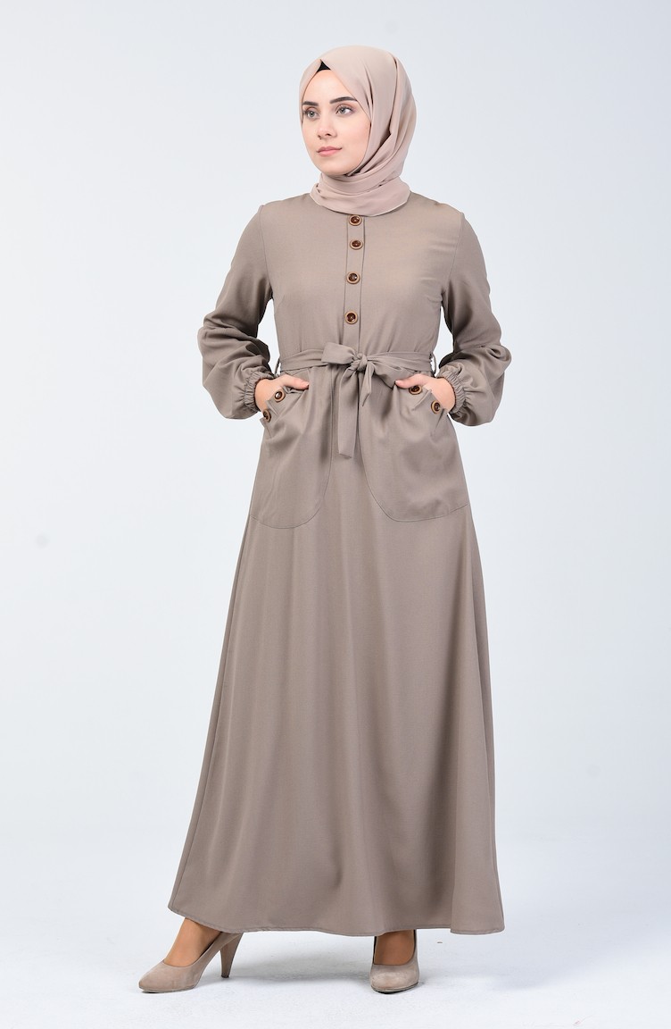 فستان بجيوب وحزام بني مائل للرمادي 3001-03 | Sefamerve