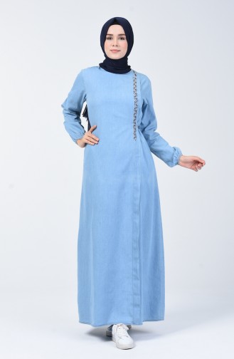 İncili Kot Elbise 3652-01 Buz Mavisi | Sefamerve