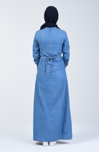 İncili Kot Elbise 3652-02 Kot Mavi
