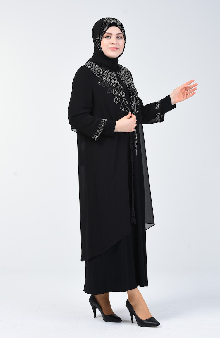 Perya Taş Ve Boncuk İşlemeli Şifon Abiye Elbise 3151-01 Siyah | Sefamerve