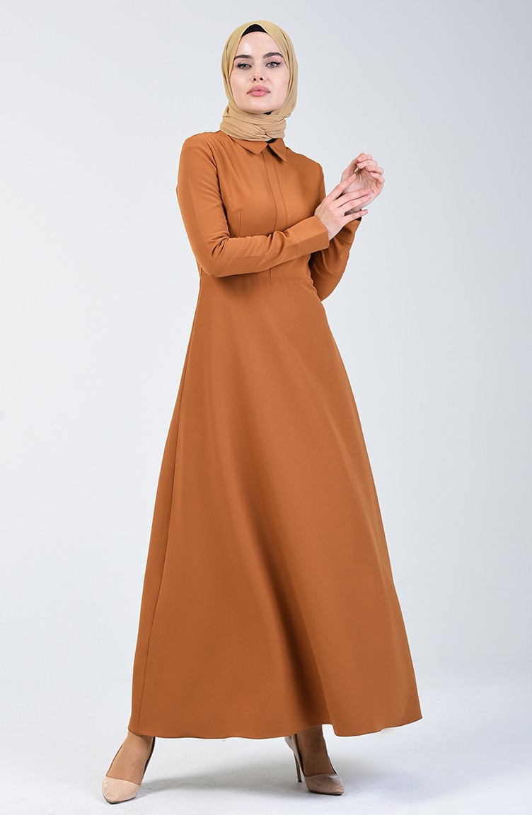 فستان كلوش بياقة مدببة خردلي 301328-02 | Sefamerve