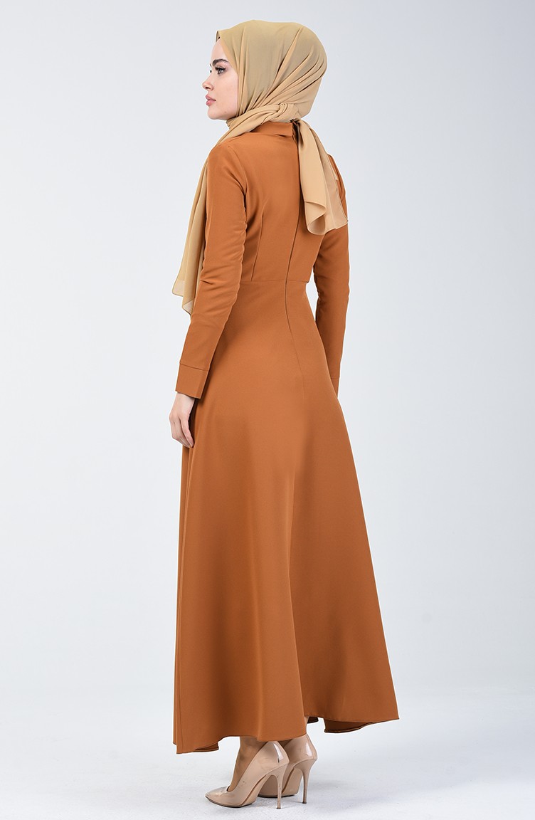 فستان كلوش بياقة مدببة خردلي 301328-02 | Sefamerve