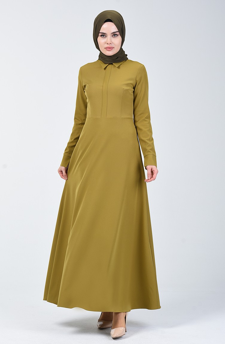 فستان كلوش بياقة مدببة أخضر زيتي 301328-03 | Sefamerve