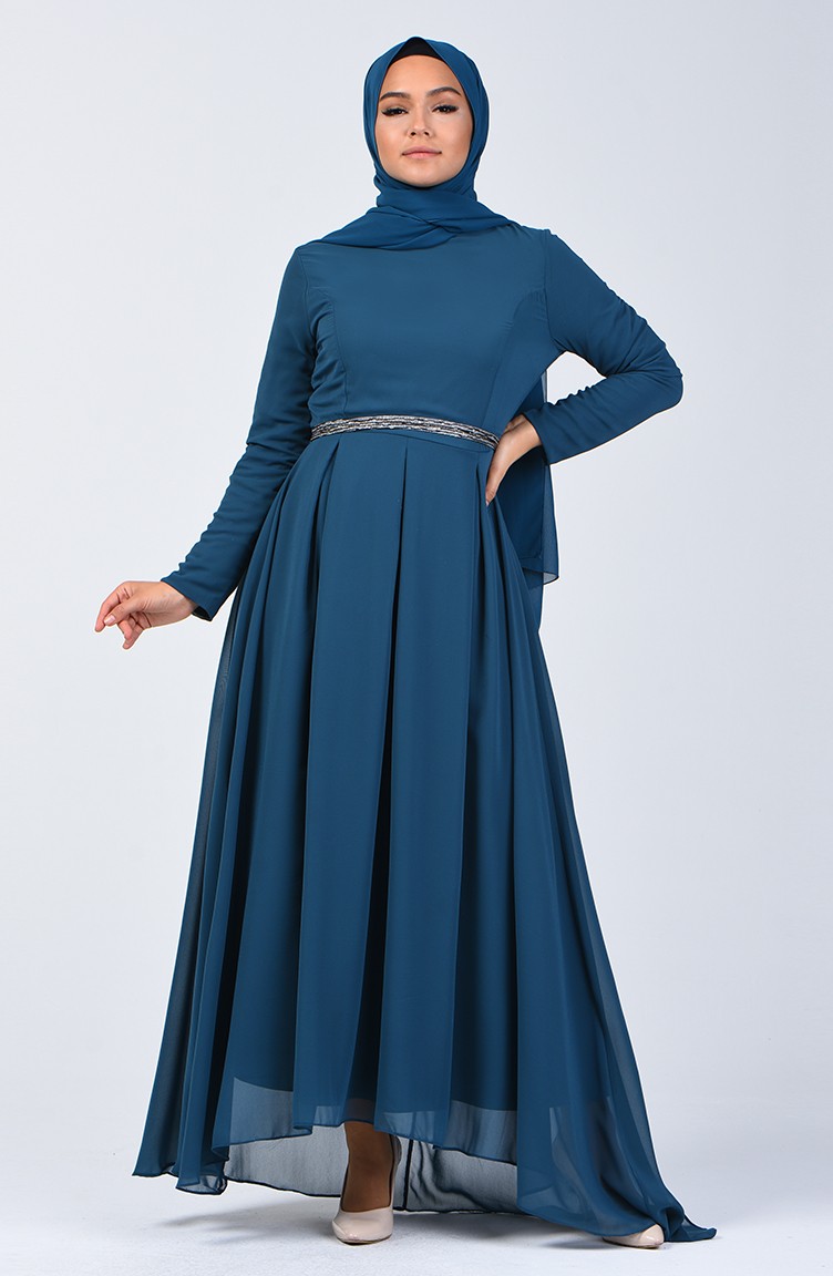 فستان شيفون مطوي بترولي 5128-02 | Sefamerve