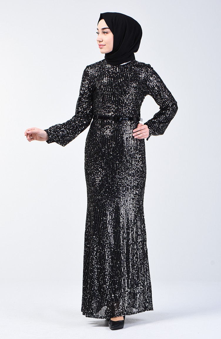 فستان سهرة مزين بالترتر أسود وفضي 81765-01 | Sefamerve