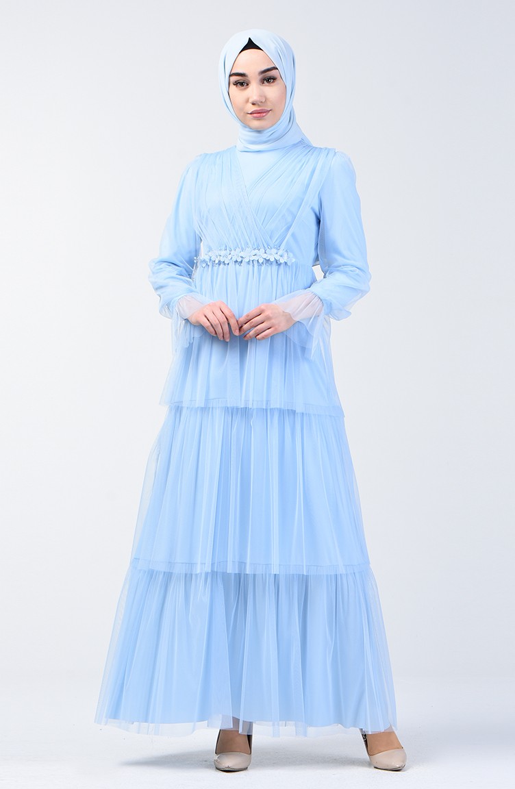 فستان سهرة تول مزين بالستراس أزرق فاتح 6058-05 | Sefamerve
