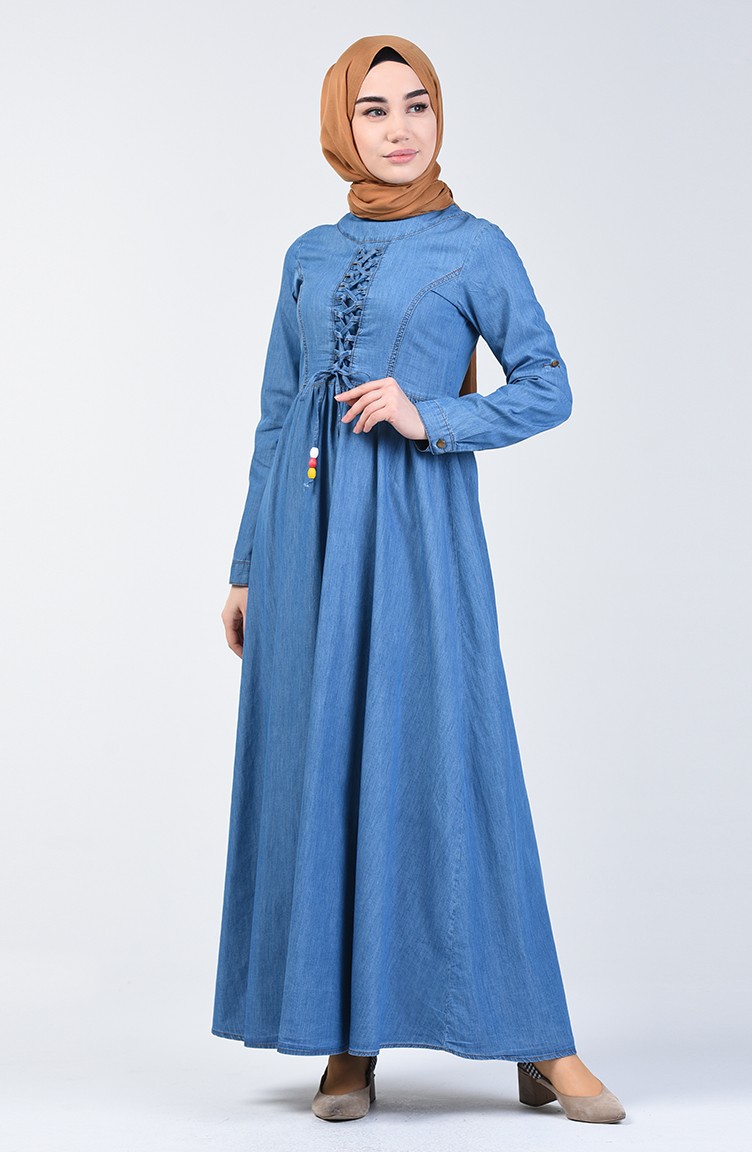 Bağcık Detaylı Kot Elbise 6139-02 Kot Mavi | Sefamerve