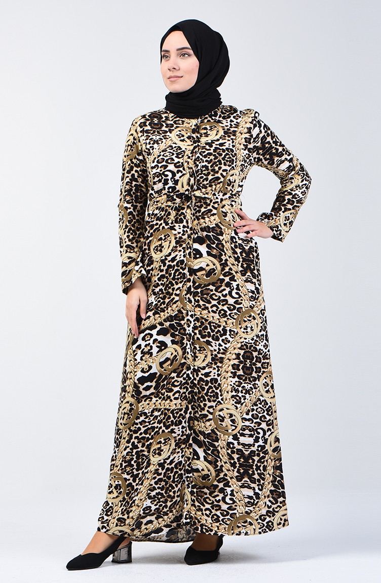 Boydan Düğmeli Desenli Elbise 80177-01 Siyah Bej | Sefamerve