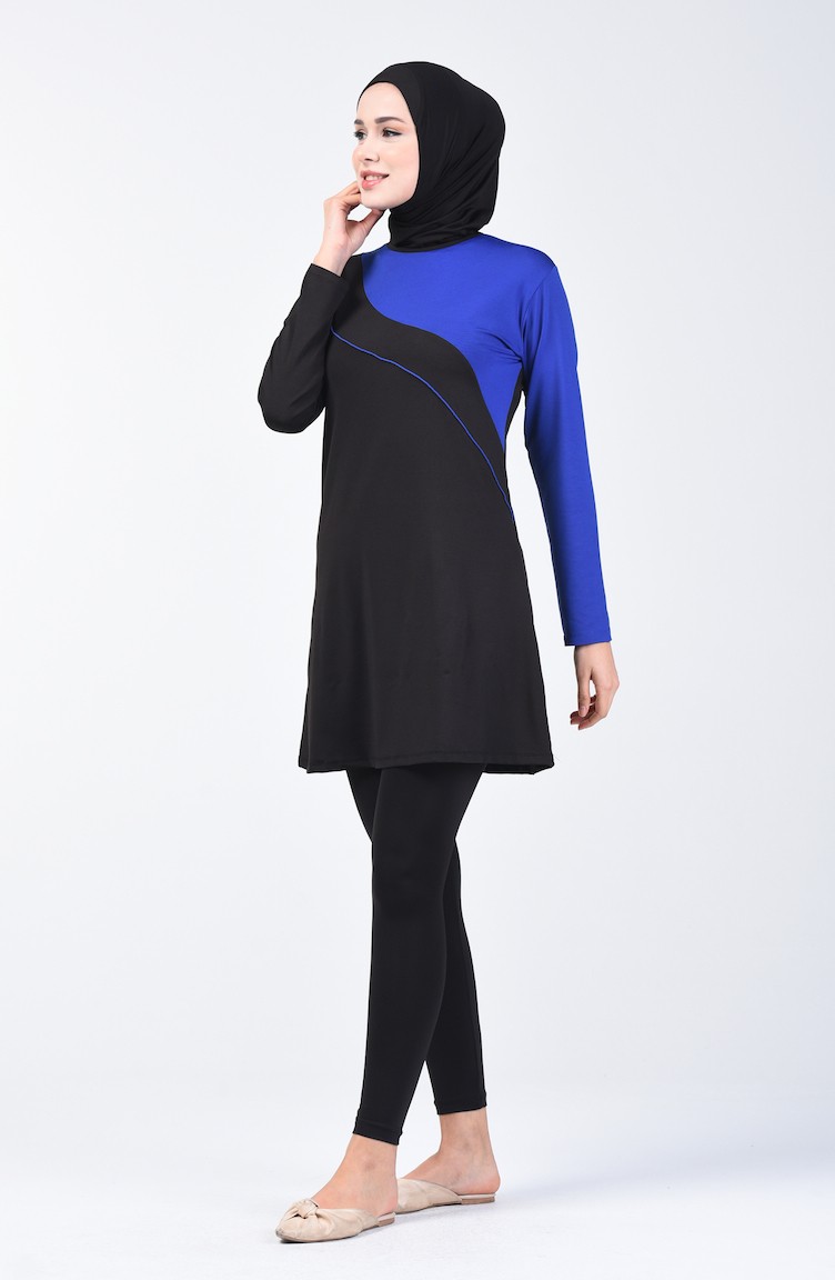 Maillot de Bain Hijab Avec Leggings Pour Femme 28100 Bleu Roi Noir 28100 |  Sefamerve