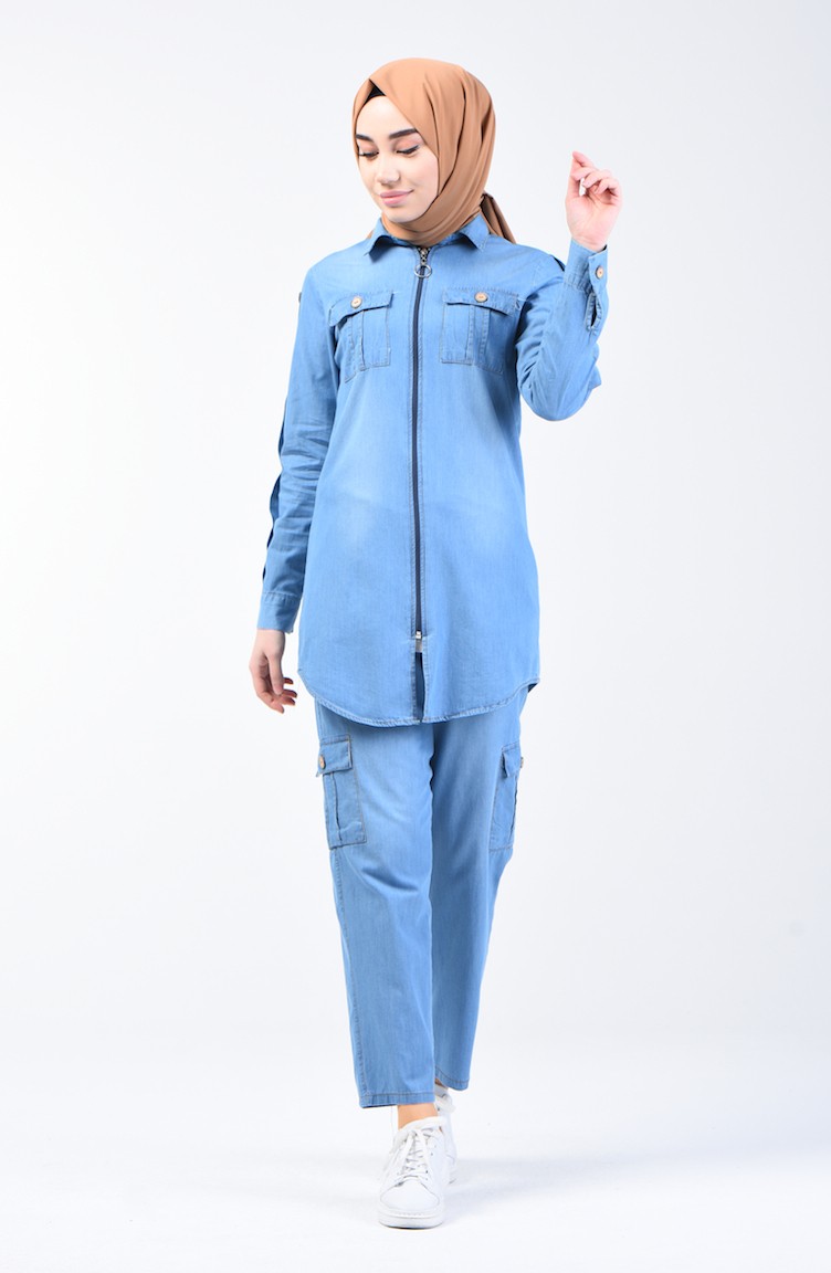 Fermuarlı Kot Tunik Pantolon İkili Takım 3009-02 Kot Mavi | Sefamerve