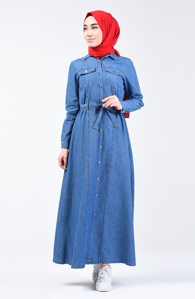 Boydan Düğmeli Kot Elbise 5304-01 Kot Mavi | Sefamerve