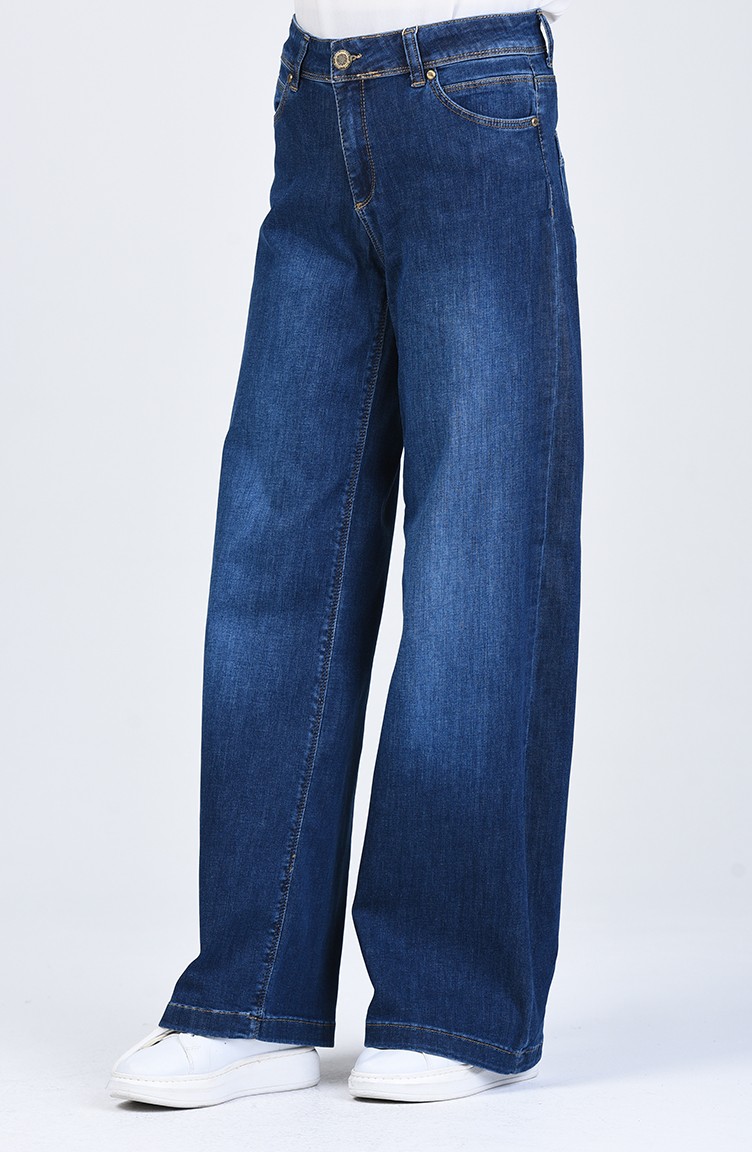 Buttoned Wide Leg Jeans 9100-01 Navy Blue 9100-01 | Sefamerve