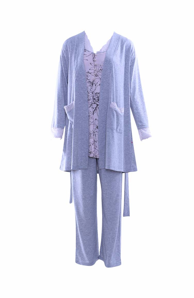 Anıl Damen Wöchnerin-Schwanger Pyjama Morgenmantel aus Viskose 3 teiliges  Set MAN5543-01 Grau 5543-01 | Sefamerve