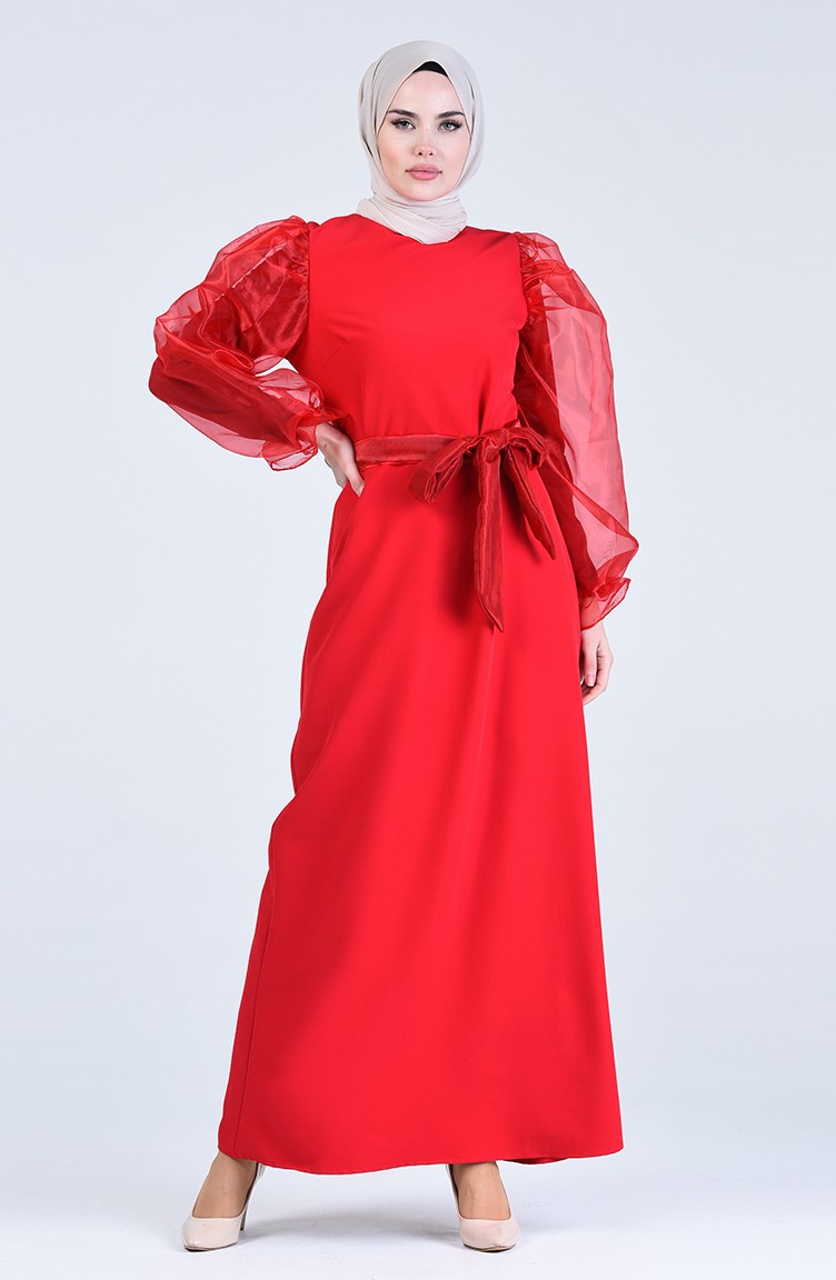 Organze Tül Kuşaklı Elbise 60119-04 Kırmızı | Sefamerve