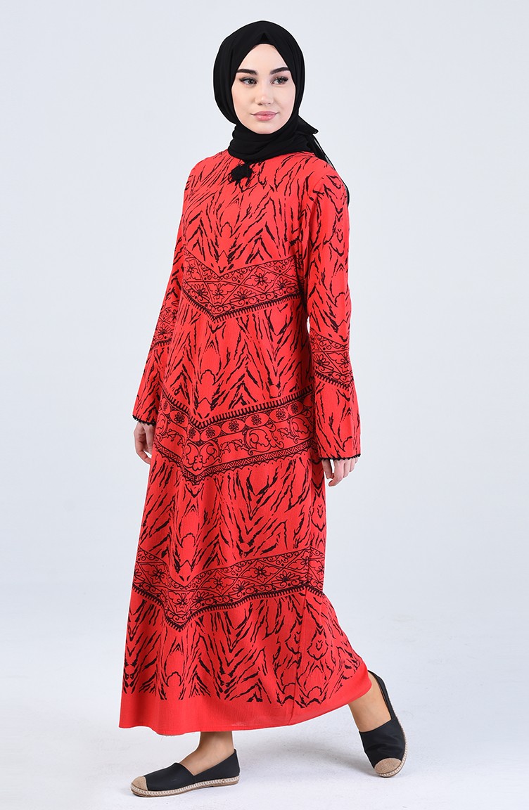 Şile Bezi Desenli Elbise 4444-04 Kırmızı | Sefamerve