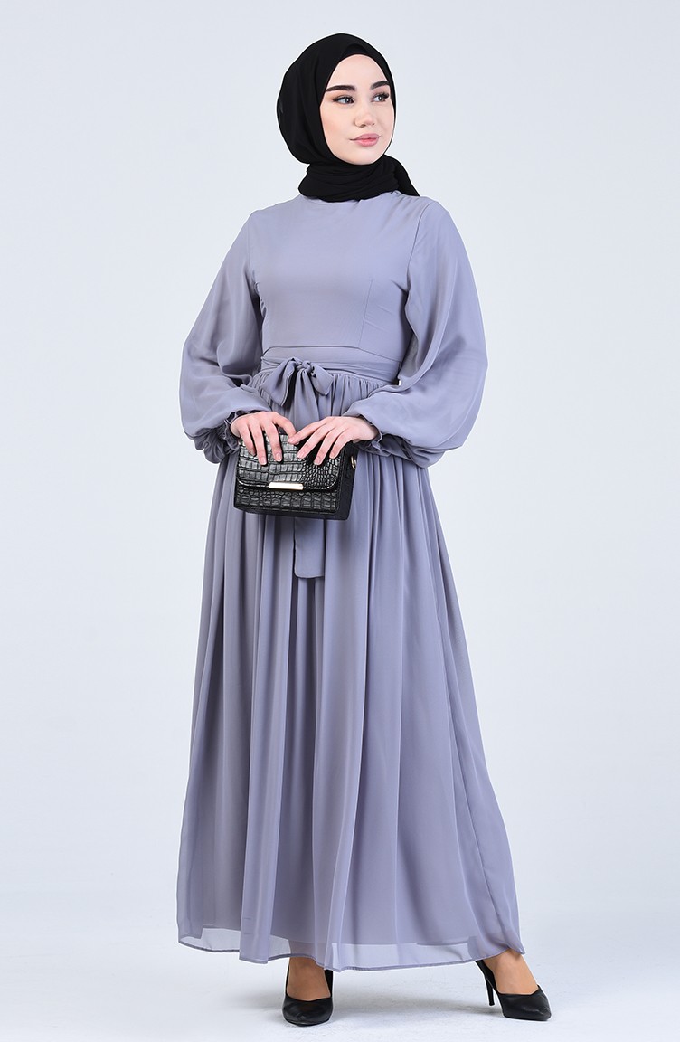 Belted Chiffon Dress 0366-03 Gray 0366-03 | Sefamerve