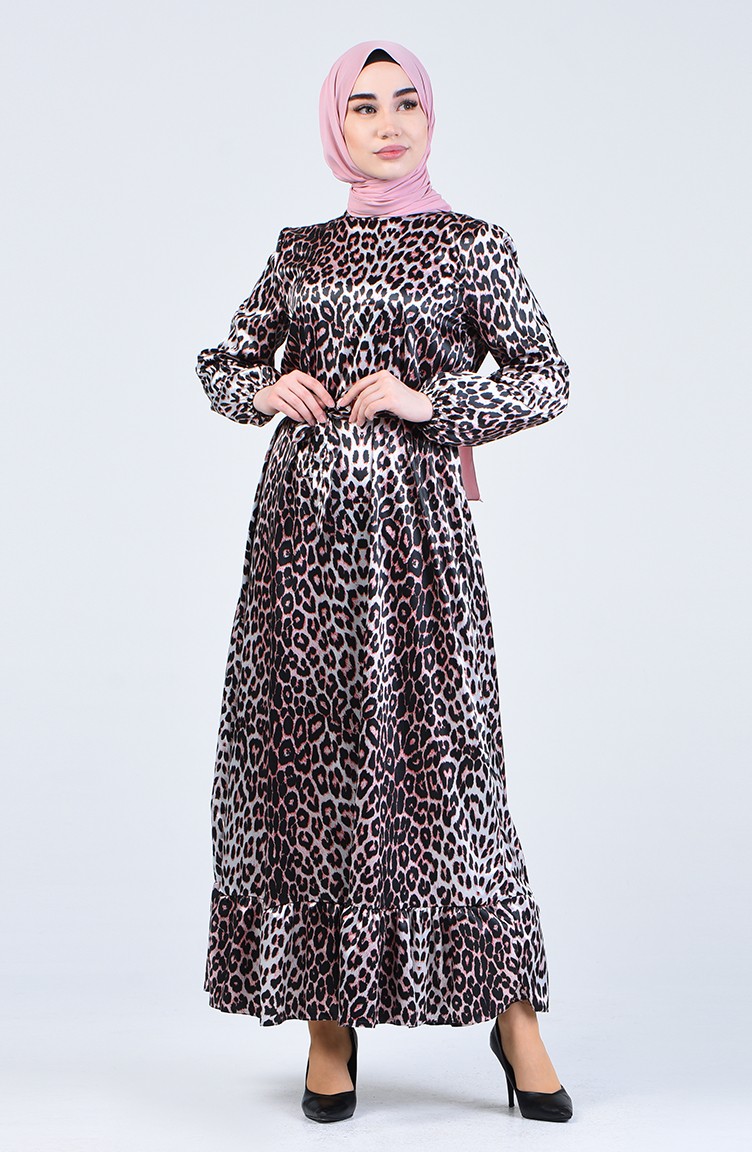 Leopar Desenli Kuşaklı Elbise 2125-01 Siyah Mercan | Sefamerve