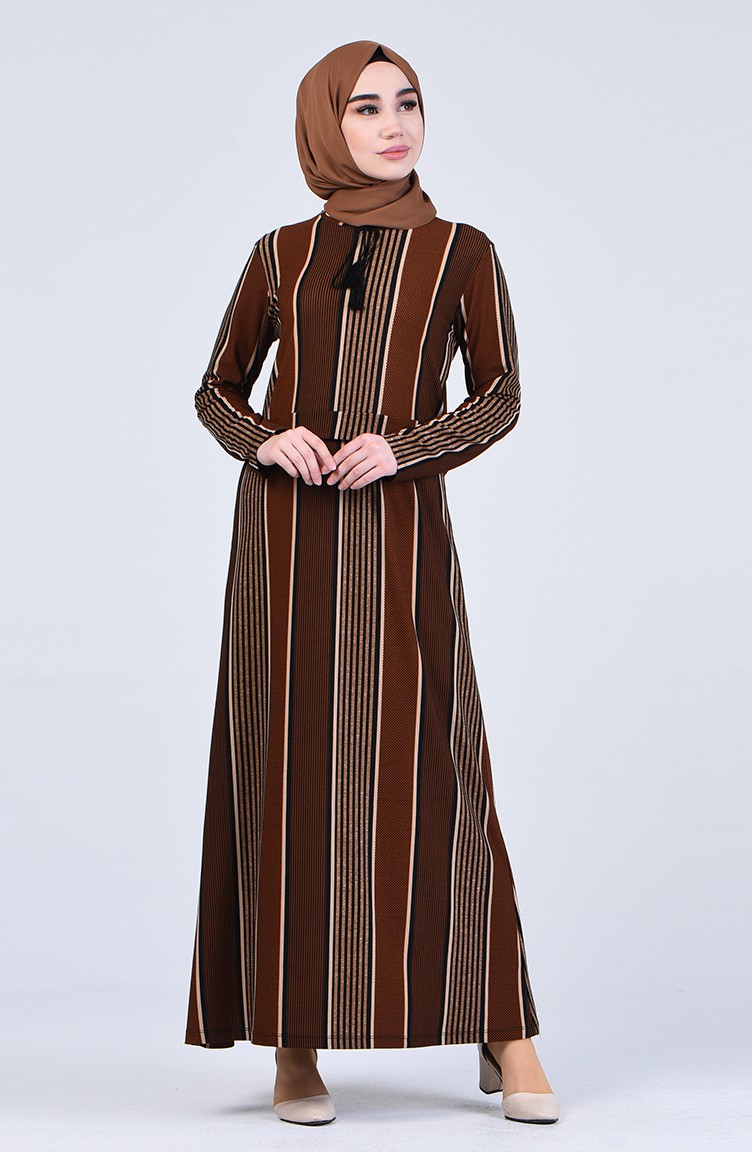 Çizgili Elbise 0221D-01 Kahverengi | Sefamerve