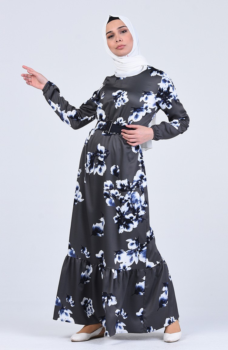 Floral Print Belt Dress 3035-01 Smoked 3035-01 | Sefamerve