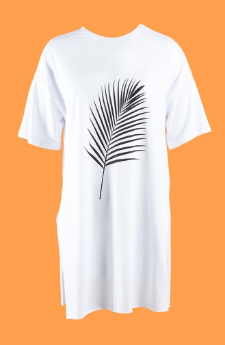Baskılı Uzun Tshirt 7021-02 Beyaz | Sefamerve