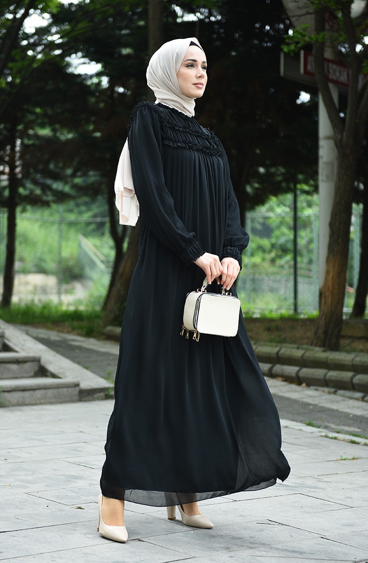 فستان سهرة شيفون مبطن أسود 8127-04 | Sefamerve