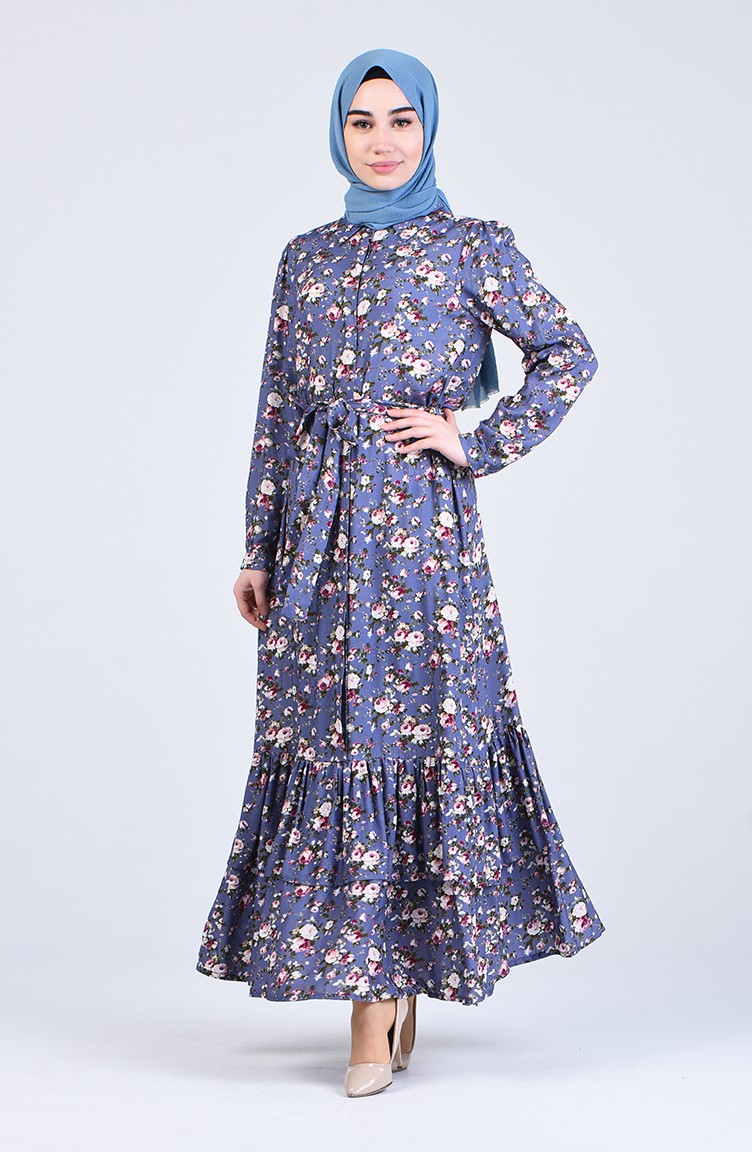 Boydan Düğmali Desenli Elbise 1001-01 Mor | Sefamerve