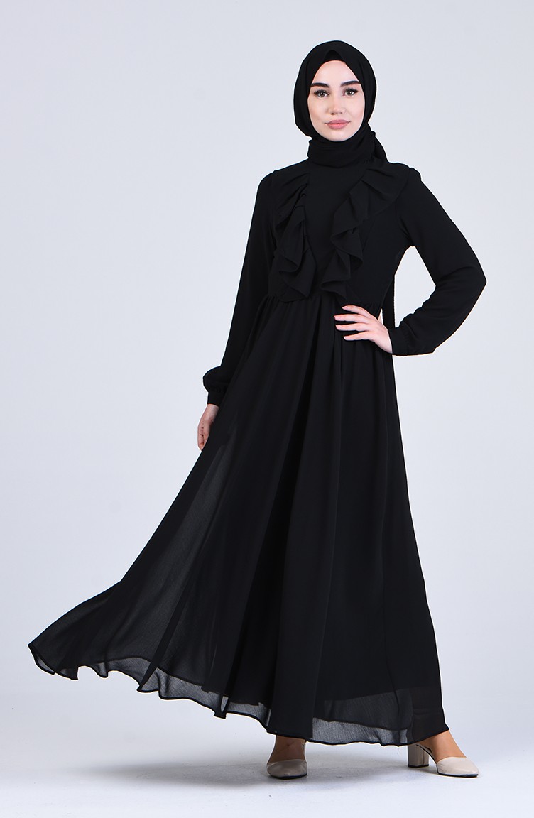 Fırfırlı Şifon Elbise 4297-01 Siyah | Sefamerve