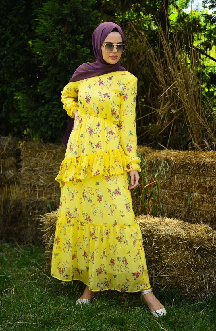 Çiçek Desenli Şifon Elbise 8221-01 Sarı | Sefamerve