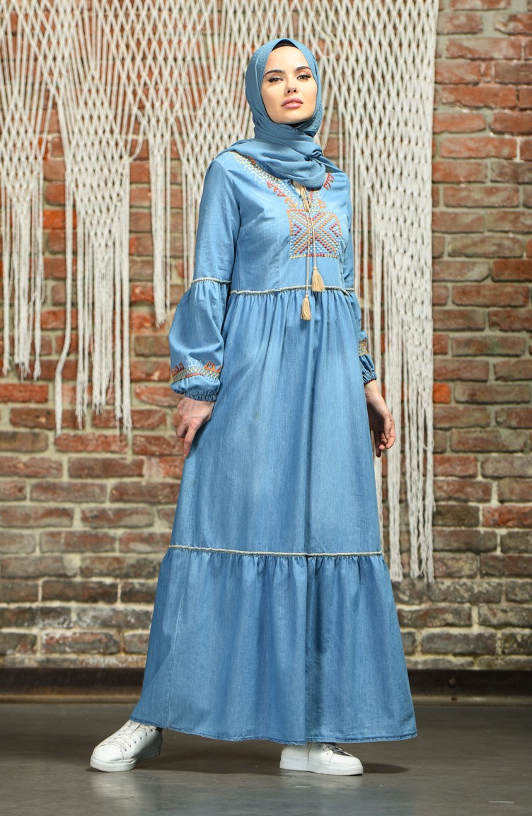 Nakışlı Kot Elbise 8011-02 Kot Mavi | Sefamerve