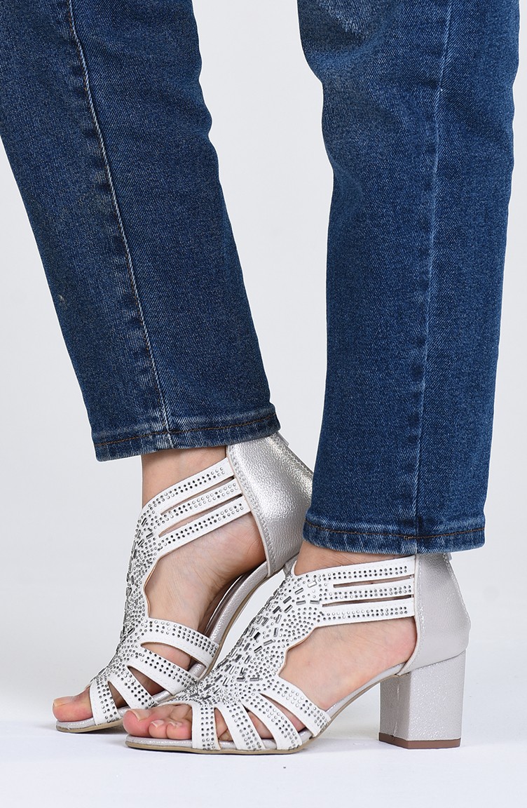 Bayan Yazlık Topuklu Ayakkabı 9055-11 Beyaz Sim Sedef | Sefamerve
