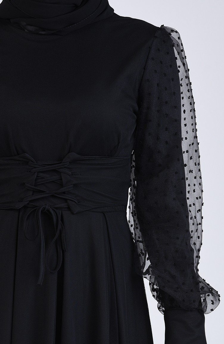 Kolu Tül Detaylı Elbise 7675-01 Siyah | Sefamerve