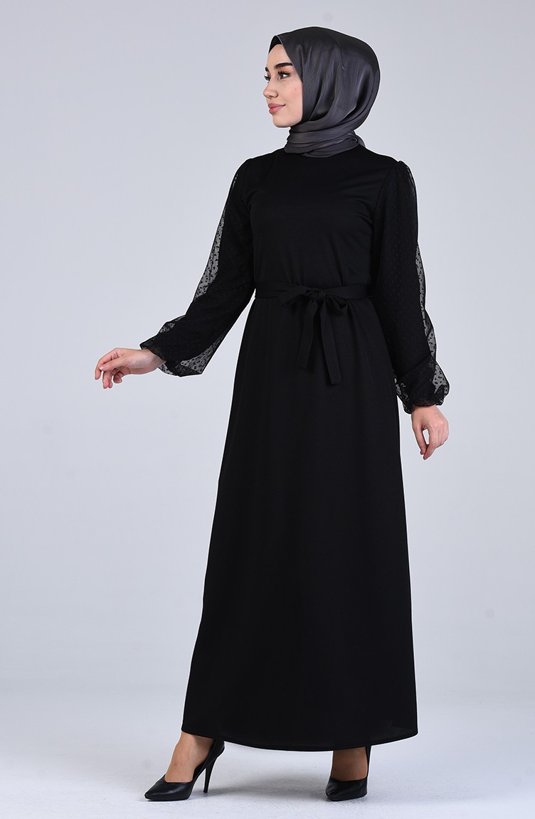 Kolu Tül Detaylı Elbise 2058-03 Siyah | Sefamerve