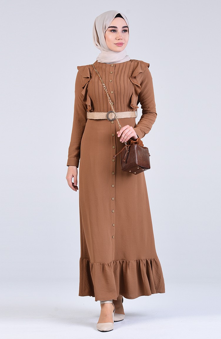 Boydan Düğmeli Kemerli Elbise 5017-07 Kahverengi | Sefamerve