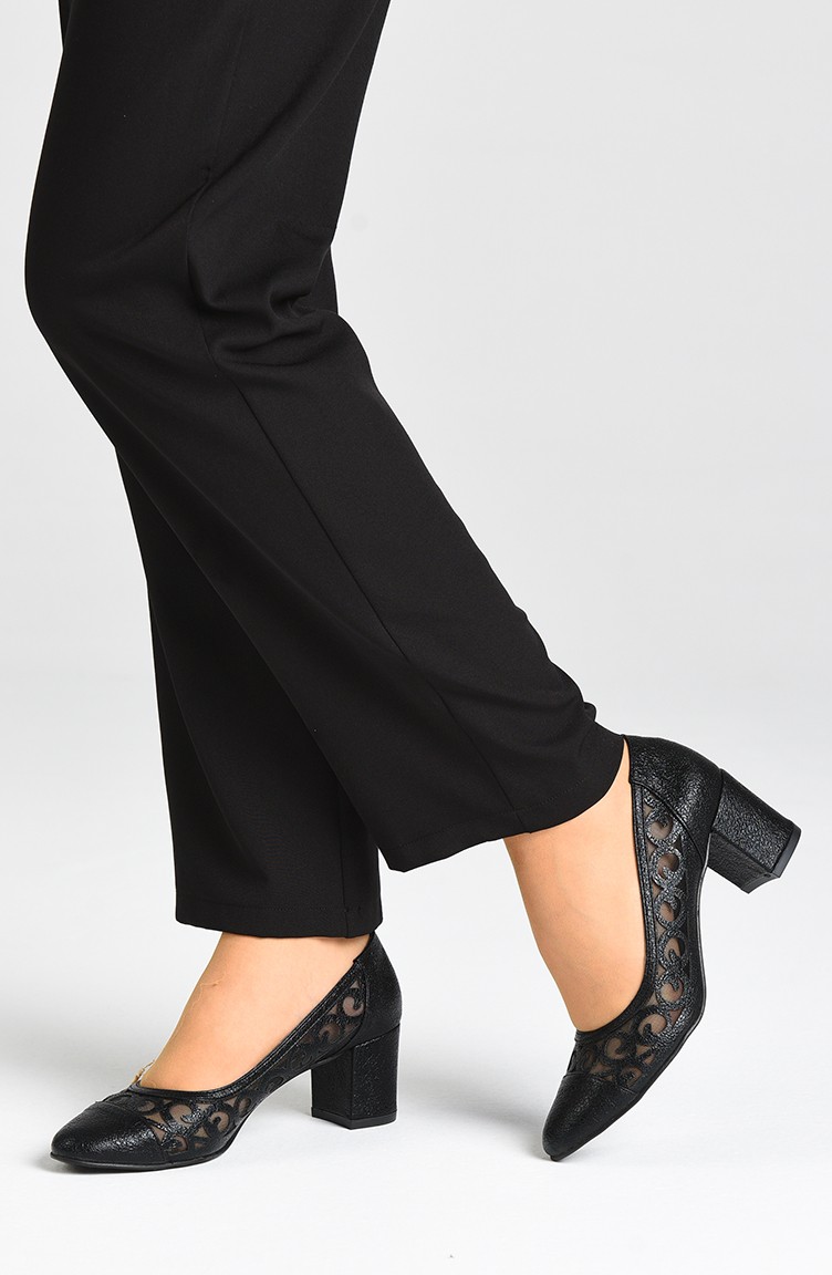 Bayan Lazer Kesim Topuklu Ayakkabı 1167-04 Siyah Çatlak | Sefamerve
