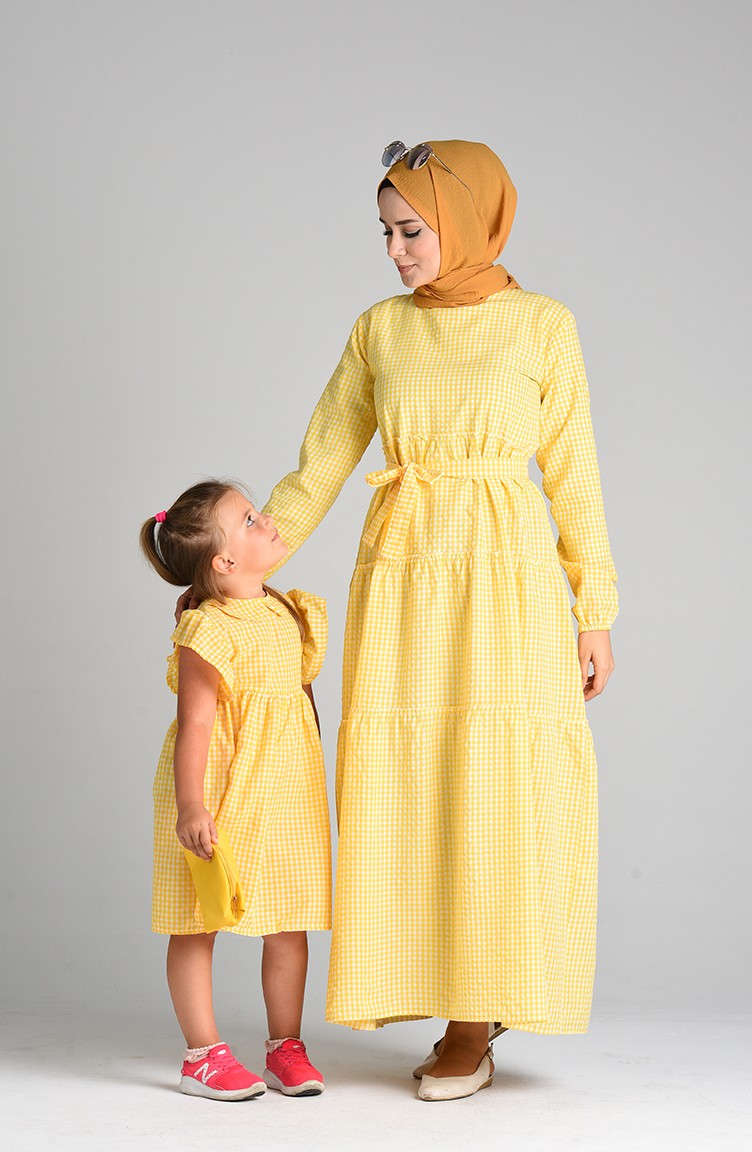 Kareli Anne Kız Kombin Elbise 4605-02 Sarı | Sefamerve
