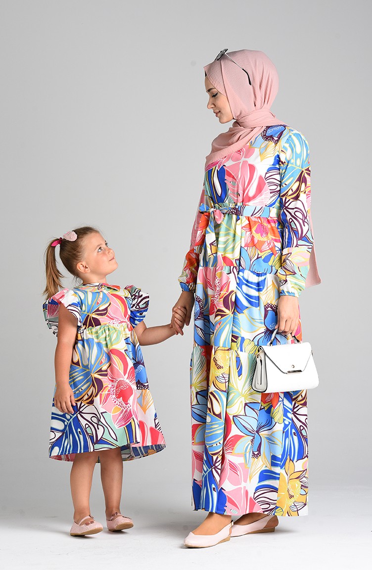 Patterned Mother Daughter Combination Dress 4622-01 Saxe Blue Green 4622-01  | Sefamerve