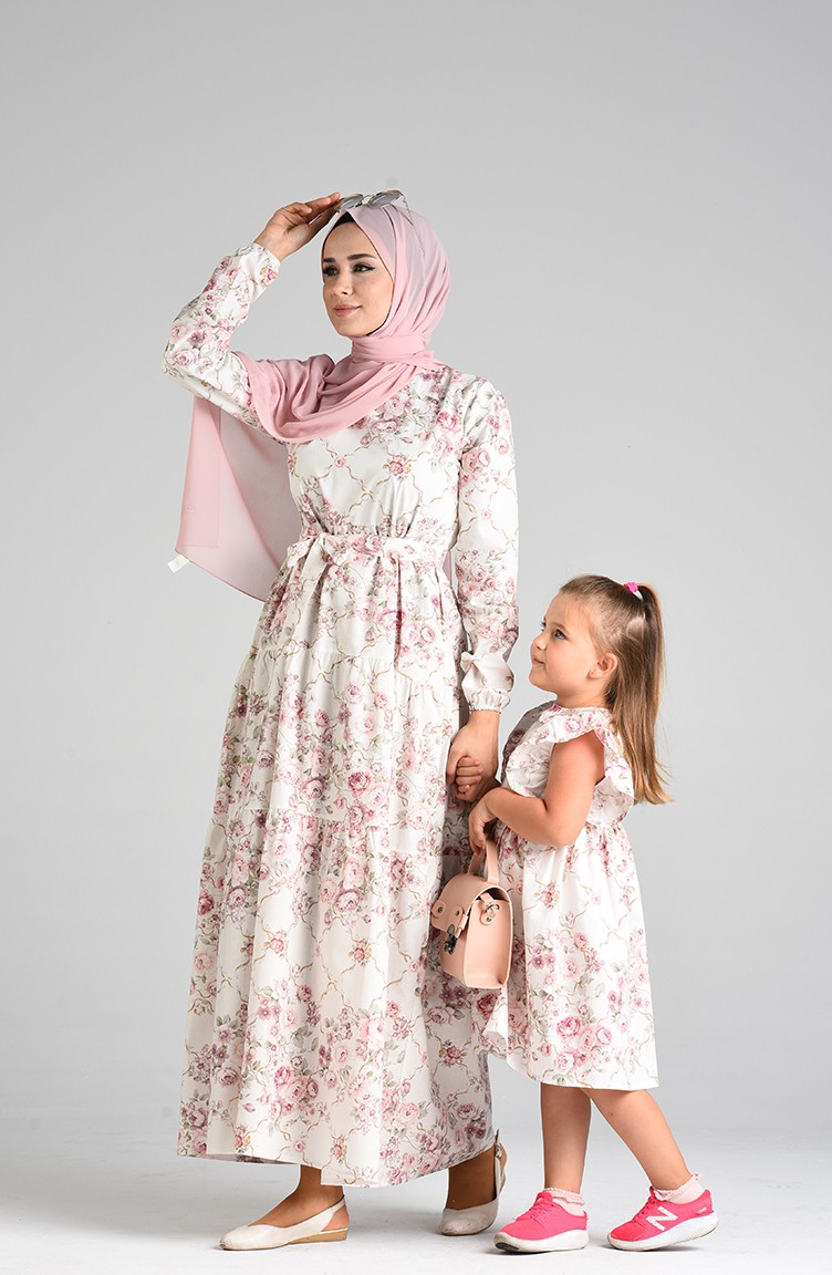 Patterned Mother Daughter Combination Dress 4644-01 Ecru Powder 4644-01 |  Sefamerve