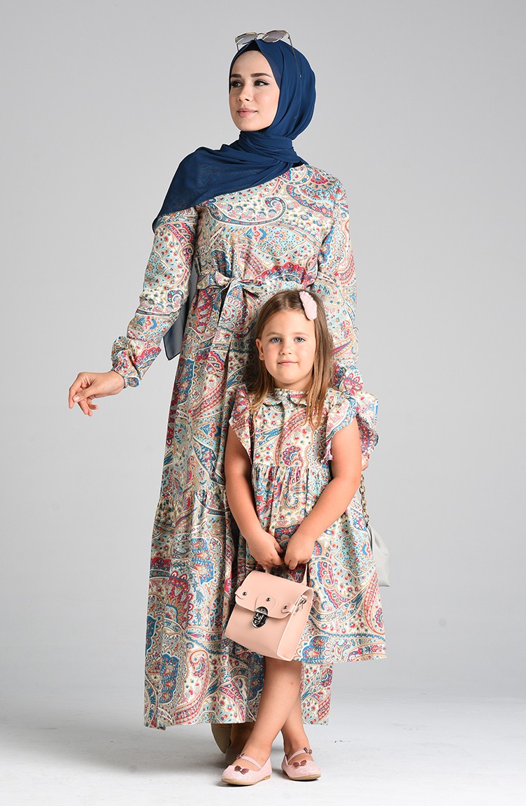 Patterned Mother Daughter Combination Dress 4646-01 Turquoise Fuchsia  4646-01 | Sefamerve