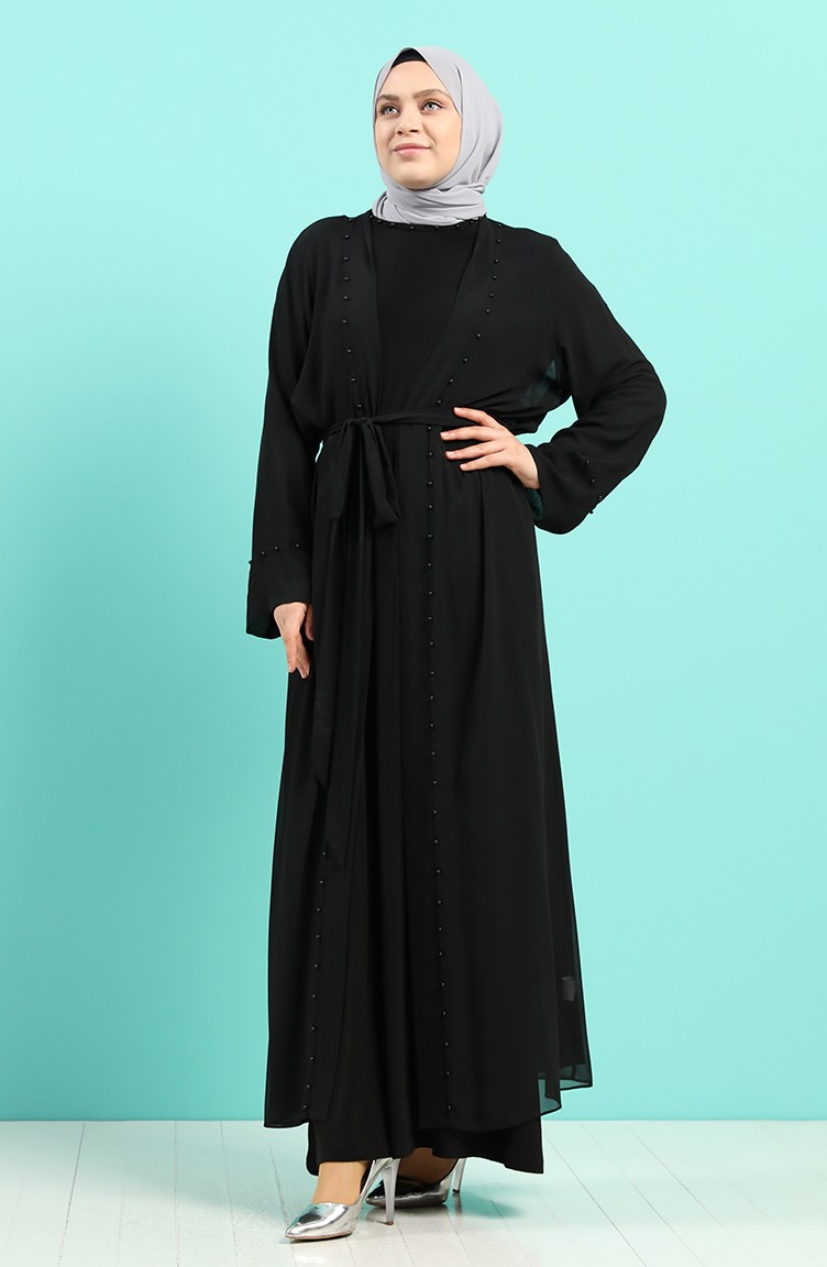 Büyük Beden Elbise Abaya İkili Takım 8007A-01 Siyah | Sefamerve