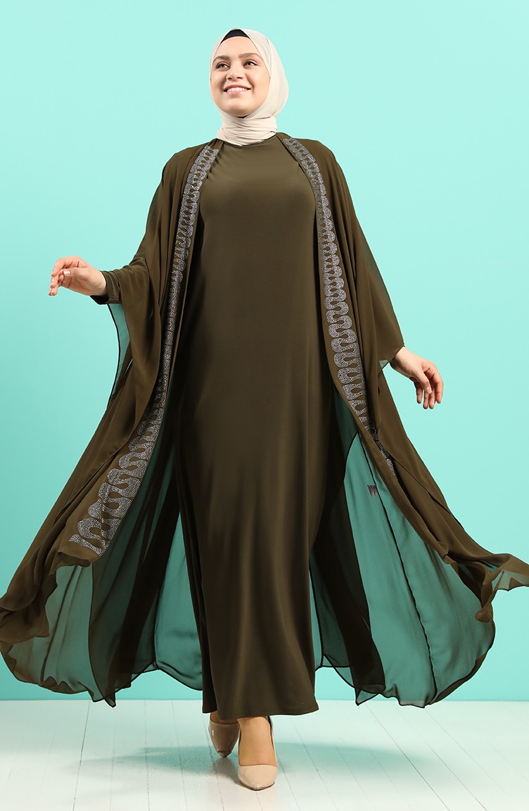 Büyük Beden Taş Baskılı Elbise Abaya İkili Takım 8016-02 Haki | Sefamerve