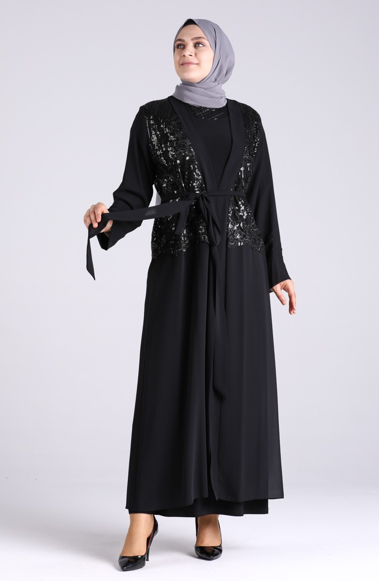 Büyük Beden Payetli Elbise Abaya İkili Takım 8015-01 Siyah | Sefamerve