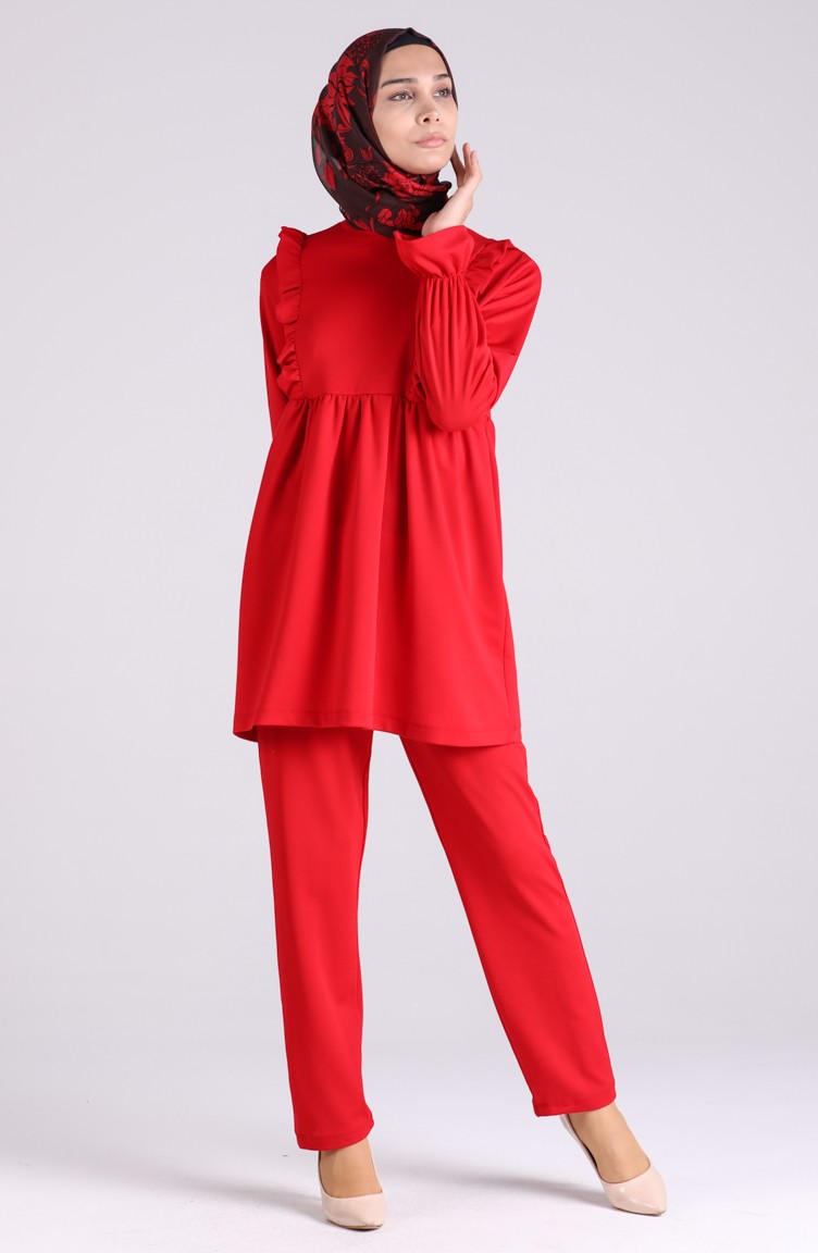 Fırfırlı Tunik Pantolon İkili Takım 3061-04 Kırmızı | Sefamerve