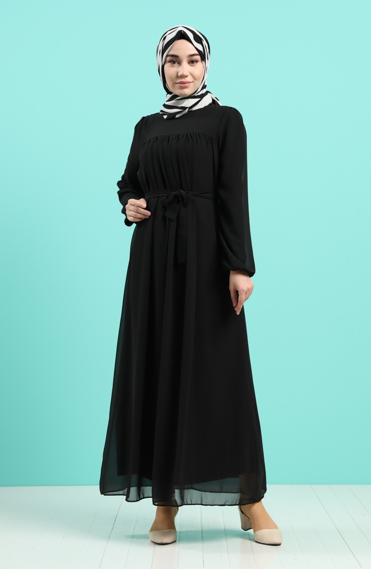 Büzgülü Şifon Elbise 3055-03 Siyah | Sefamerve