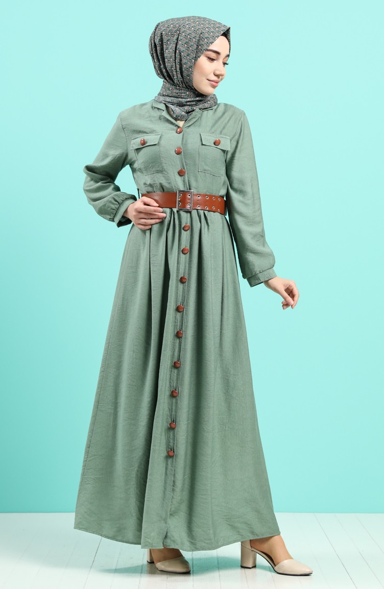 Boydan Düğmeli Kemerli Elbise 8094-04 Çağla Yeşili | Sefamerve