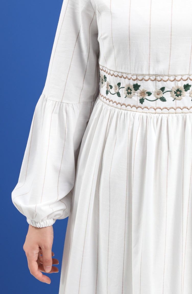 Nakışlı Pamuklu Elbise 8100-03 Beyaz Bej | Sefamerve