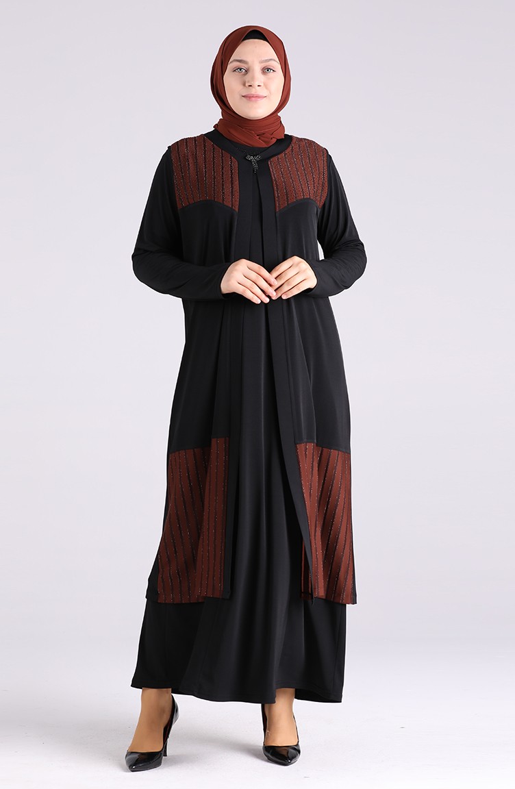 Büyük Beden Yelekli Elbise Takım 7053-03 Siyah Kahverengi | Sefamerve