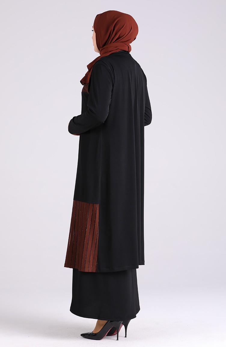 Büyük Beden Yelekli Elbise Takım 7053-03 Siyah Kahverengi | Sefamerve