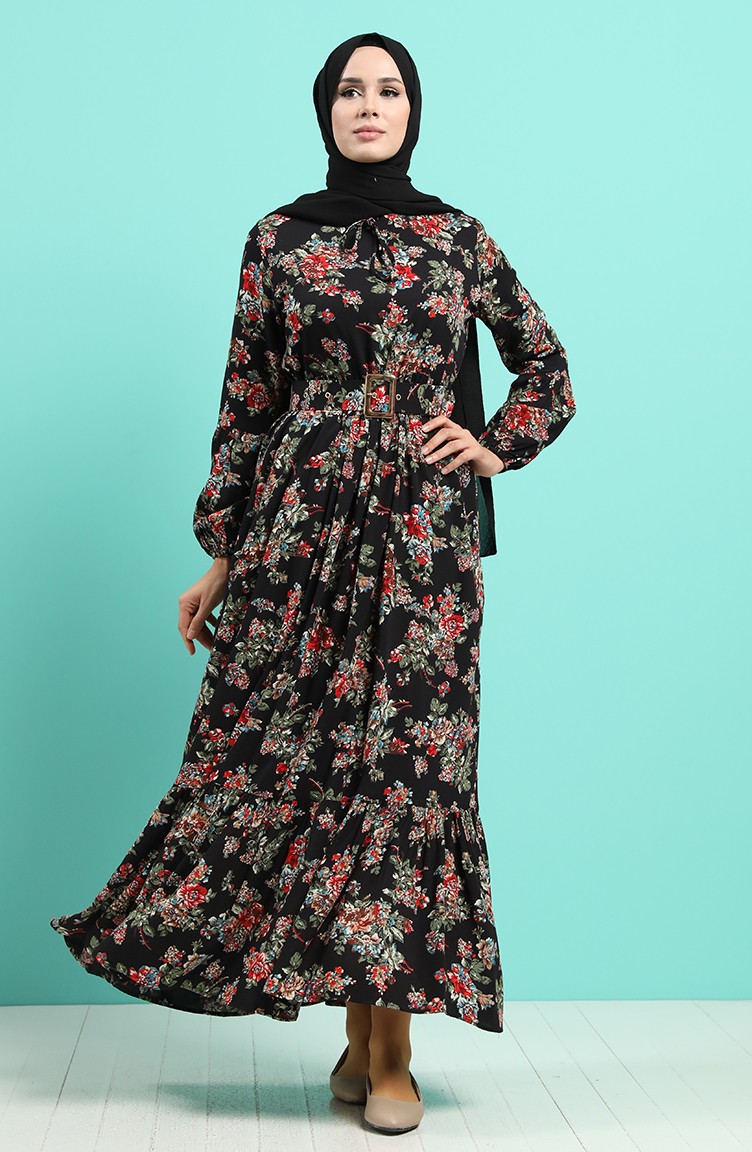 Viscose Floral Patterned Belt Dress 4548-02 Black Burgundy 4548-02 |  Sefamerve