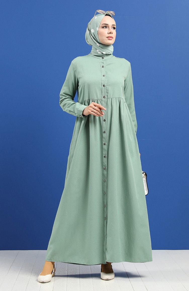 Doğal Kumaş Düğmeli Elbise 5037-20 Yeşil | Sefamerve