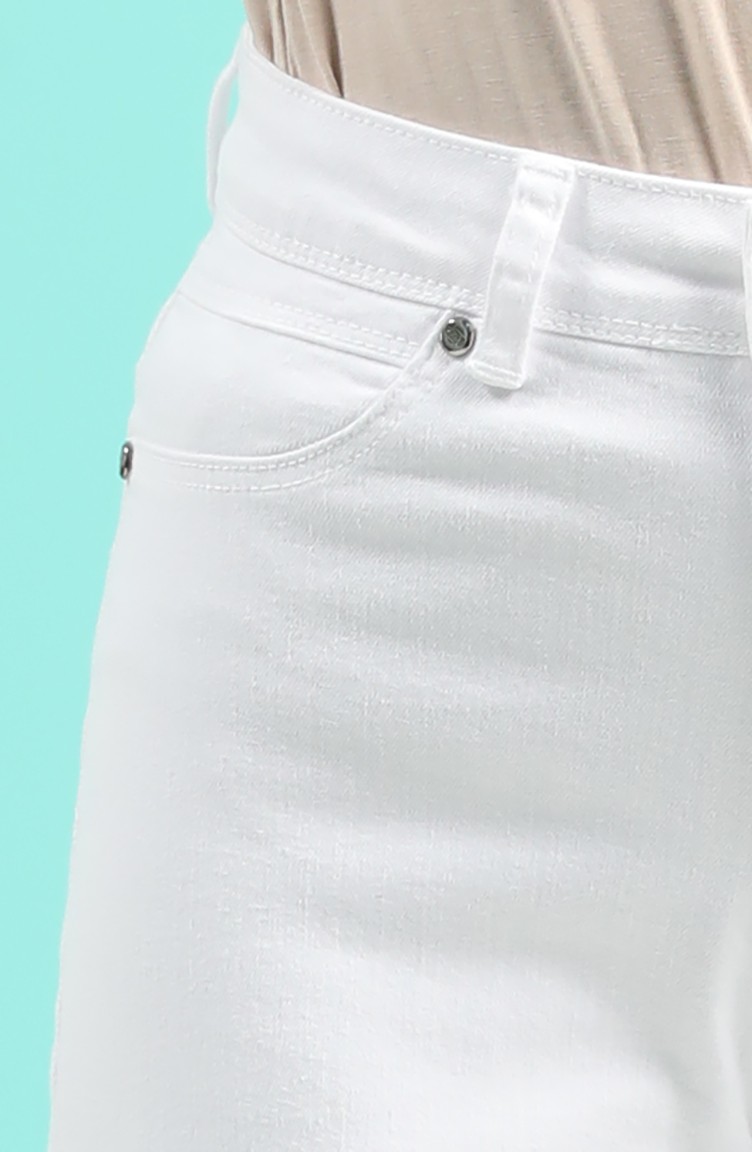 Düğmeli Bol Paça Kot Pantolon 9100-05 Beyaz | Sefamerve